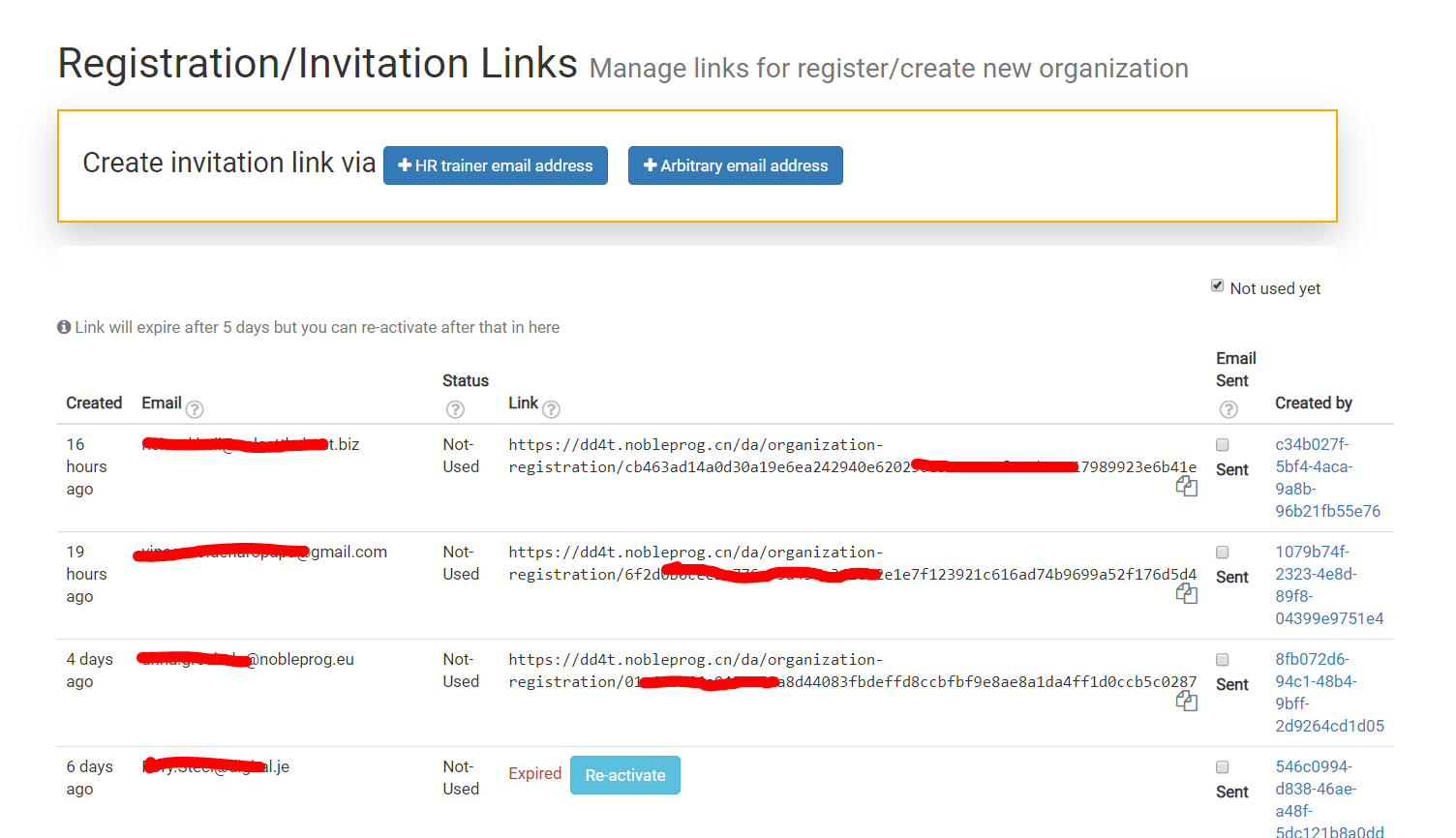 Liens d'invitation à l'inscription