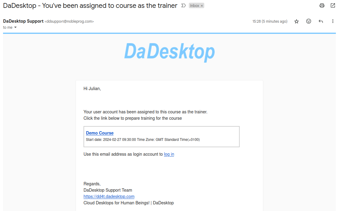 Le formateur reçoit un e-mail concernant l'attribution du cours